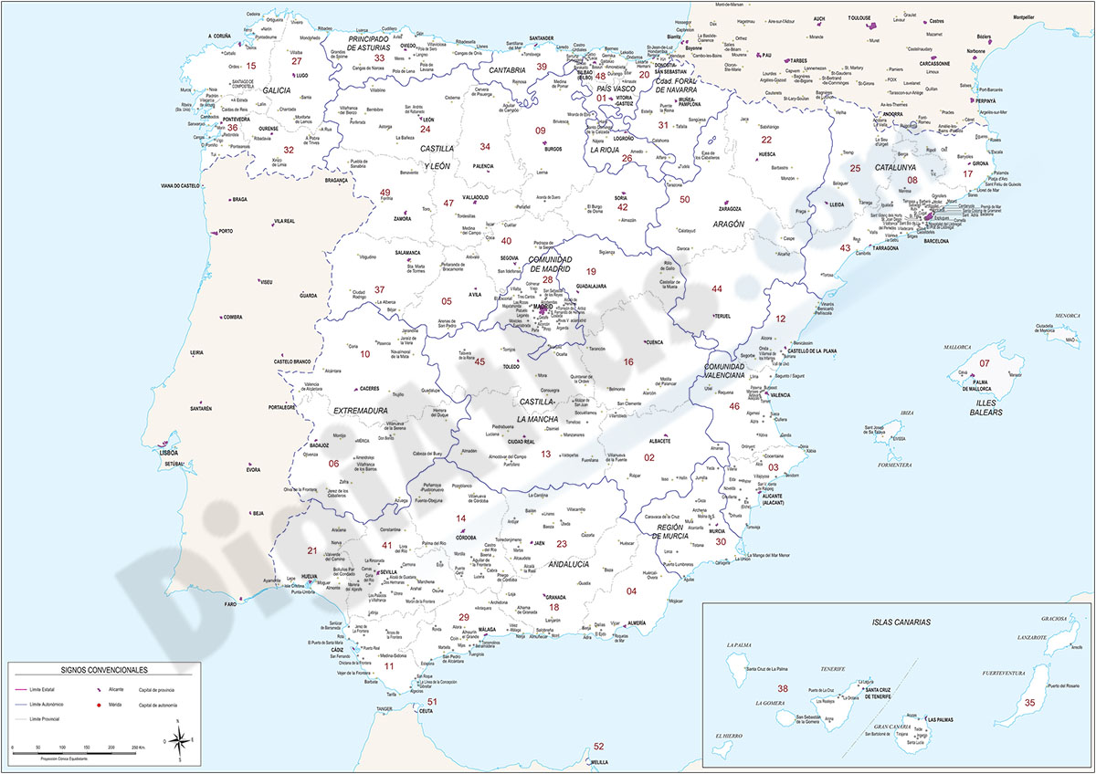 Mapa de España con códigos postales