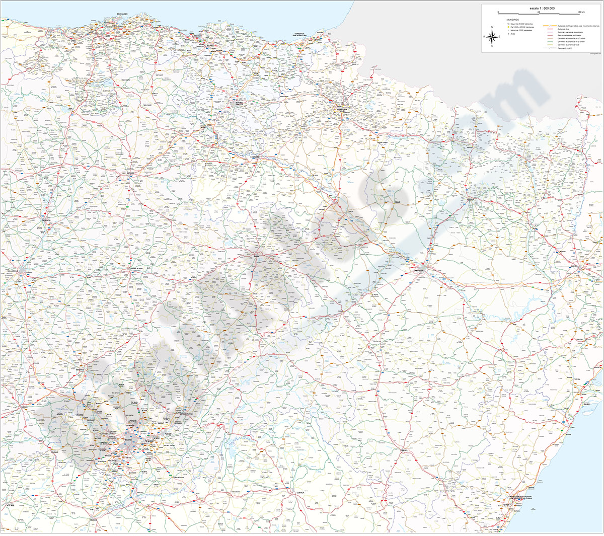 Mapa de carreteras y poblaciones del Norte de España