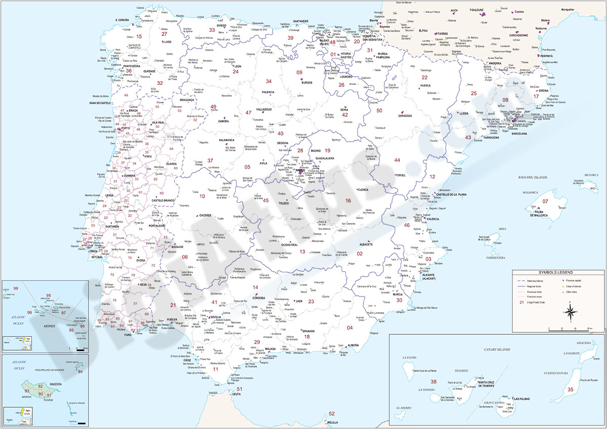 Mapa de España y Portugal con provincias y codigos postales