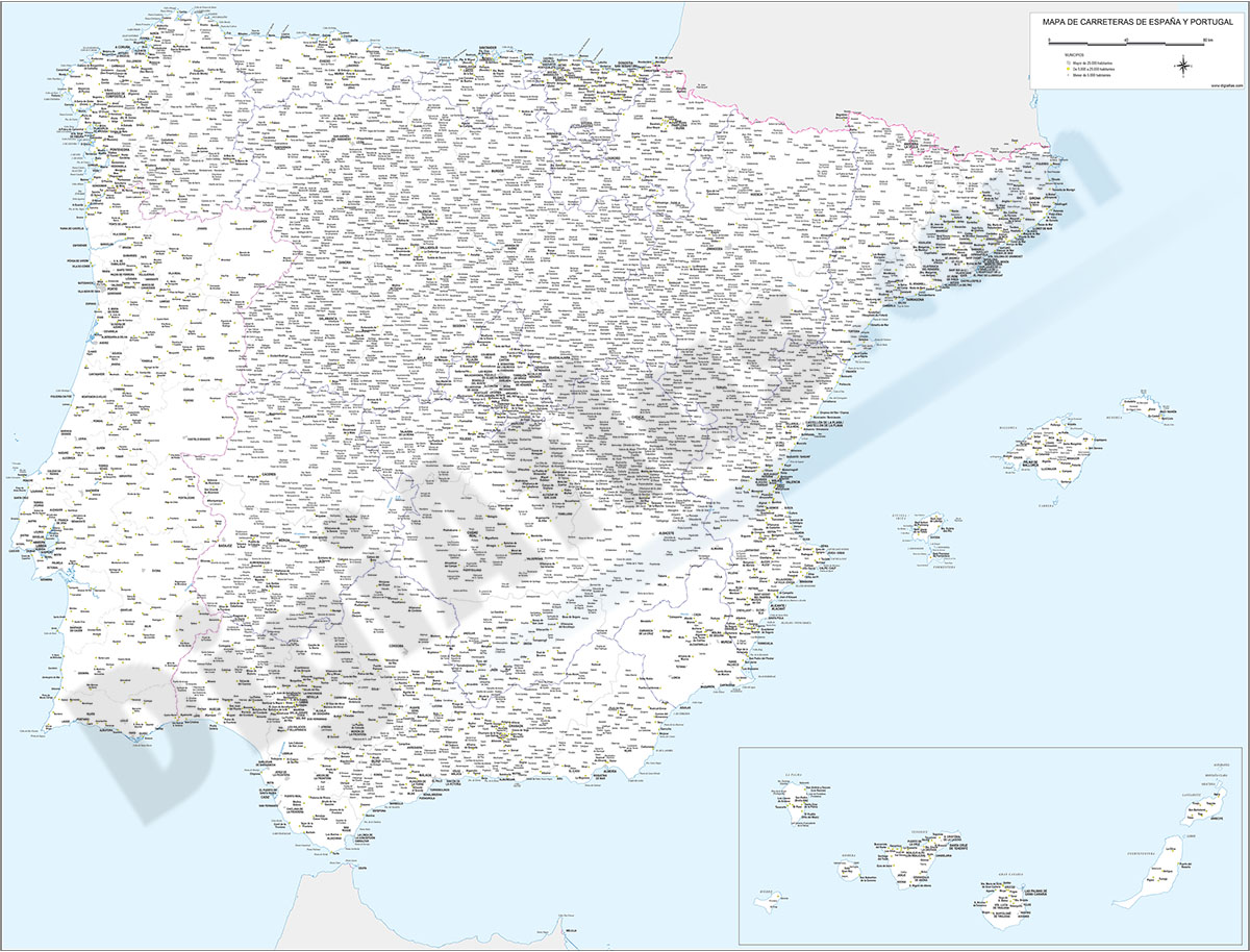 Mapa de España y Portugal con poblaciones