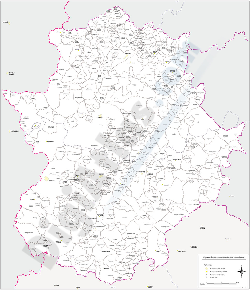 Mapa de Extremadura con municipios y poblaciones