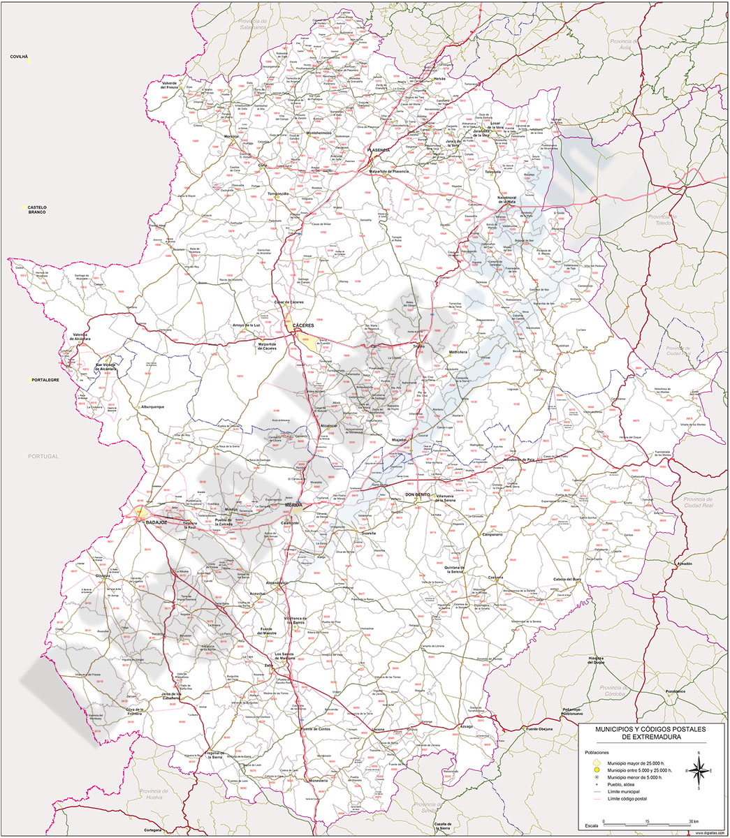 Extremadura - Mapa autonómico con municipios, códigos postales y carreteras