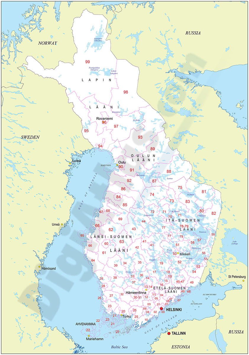 Mapa de Finlandia con regiones y codigos postales