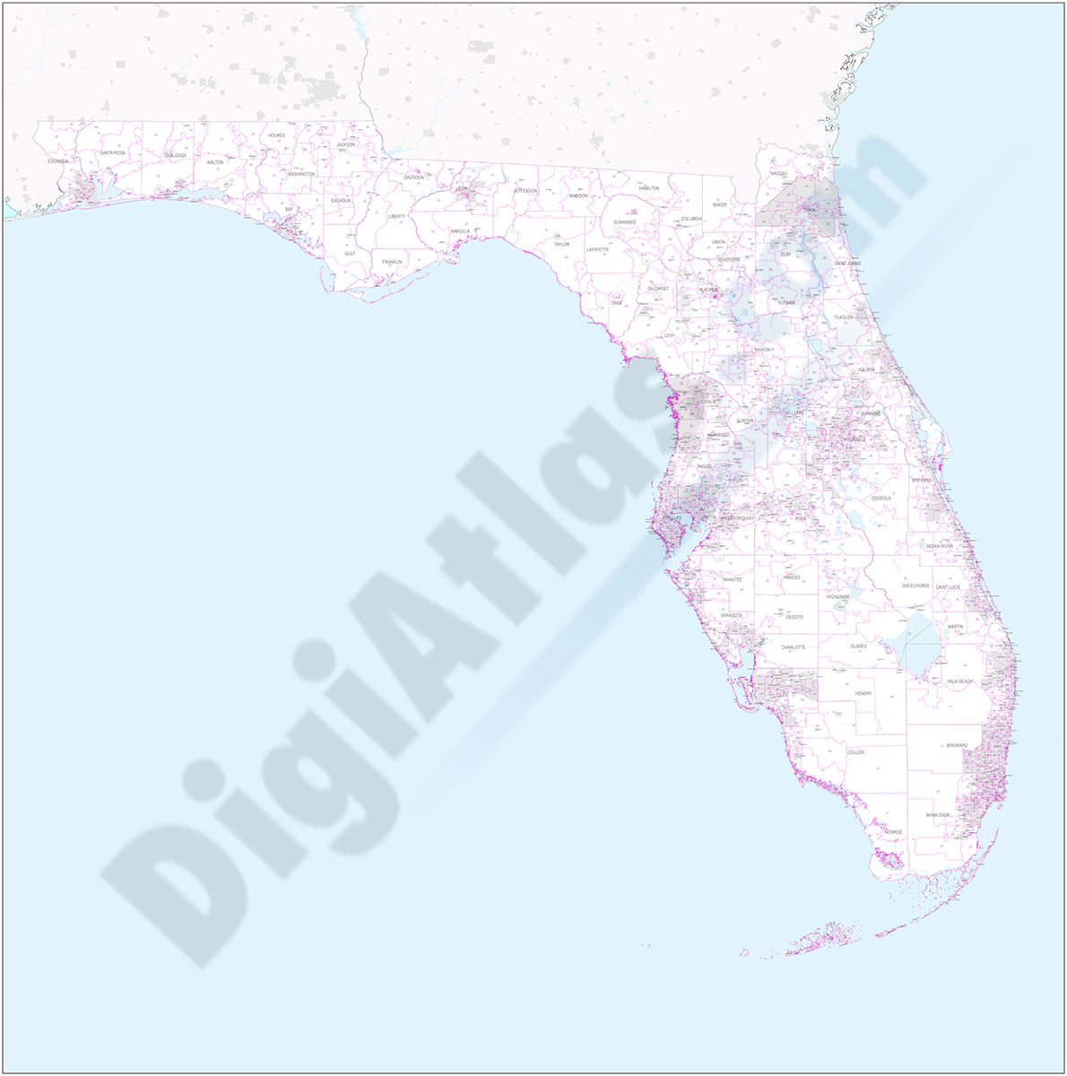 Florida - mapa de códigos postales y habitantes