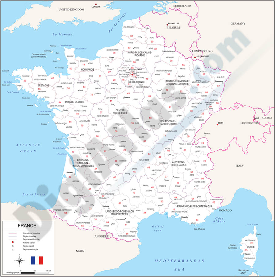 Map of France with regions and Postal Codes