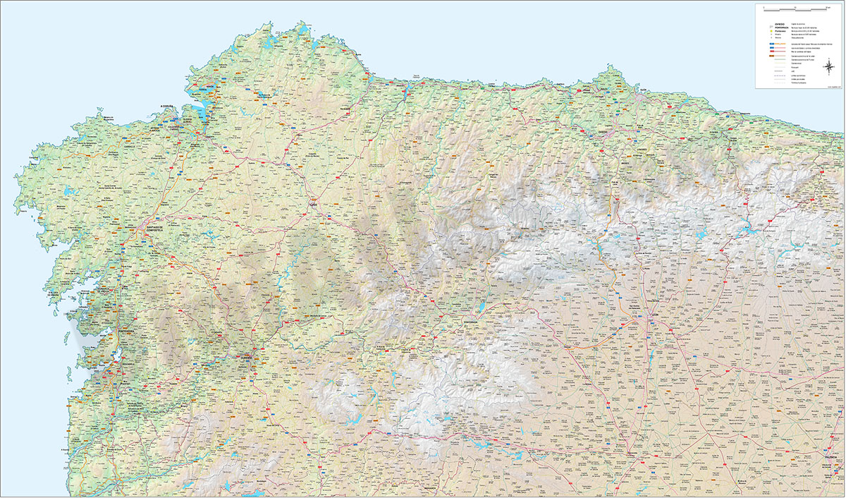 Mapa de carreteras y poblaciones de Galicia, Asturias y León