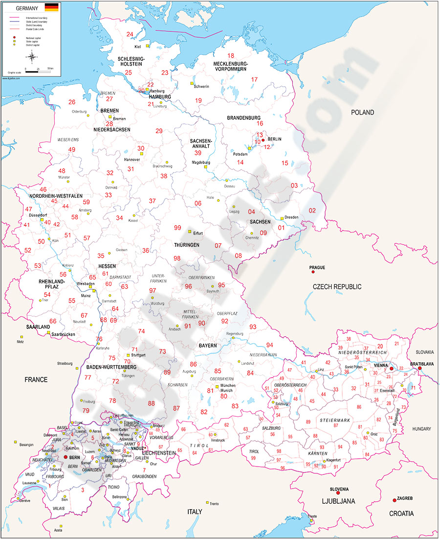 Mapa de Alemania (mas Austria y Suiza) con regiones y codigos postales