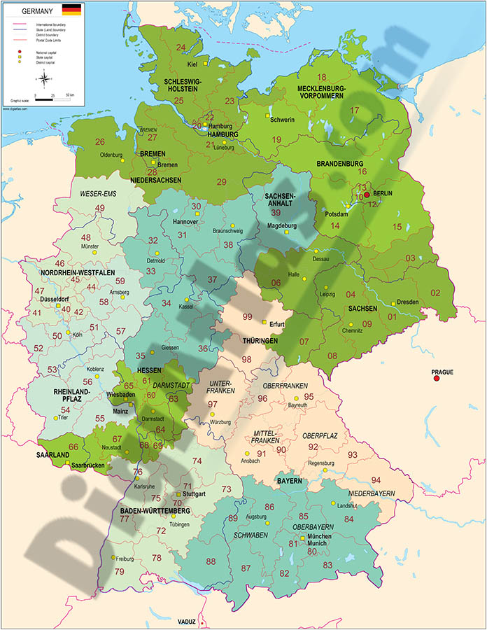 Mapa de Alemania con regiones y codigos postales