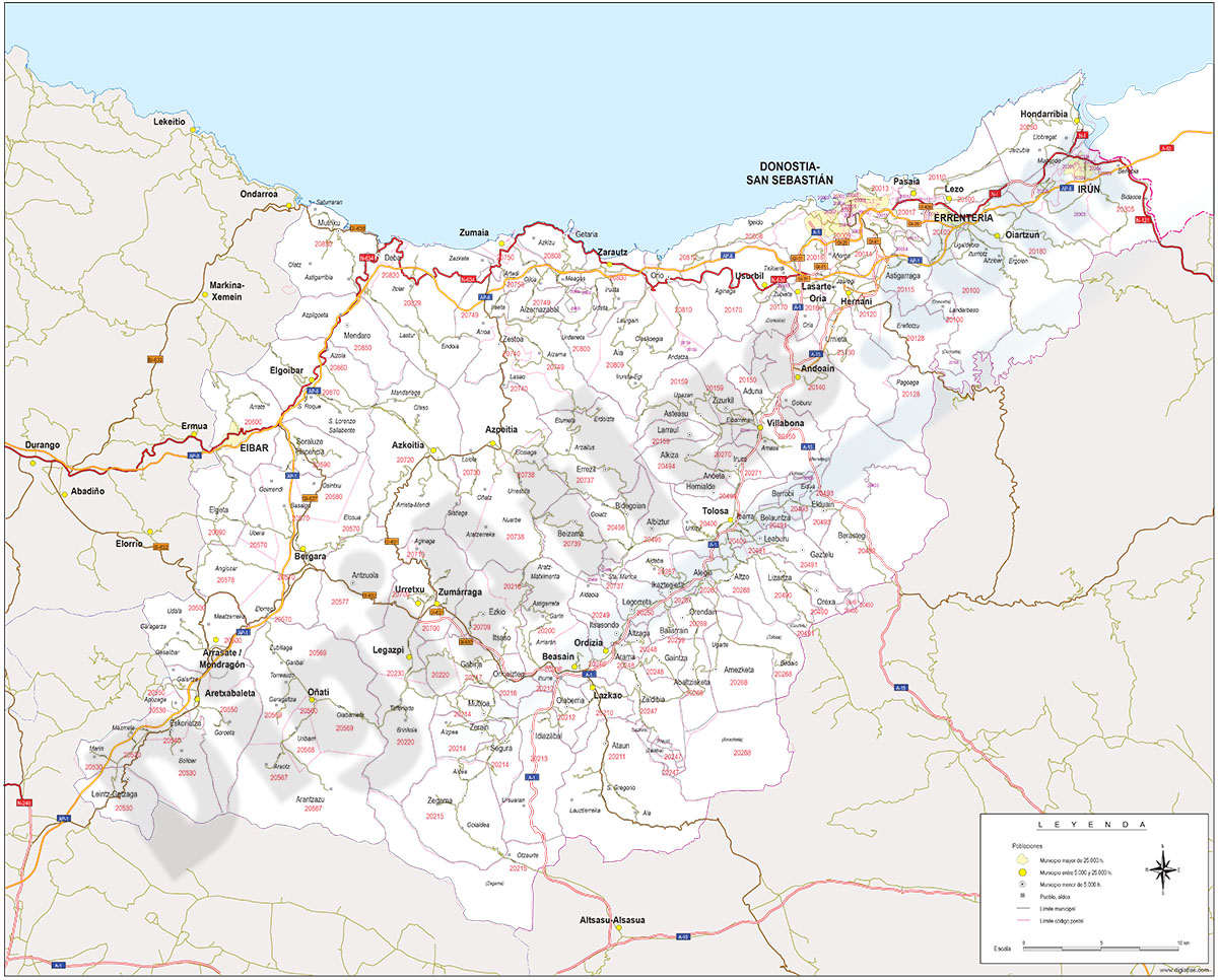 Gipuzkoa - mapa provincial con municipios, códigos postales y carreteras