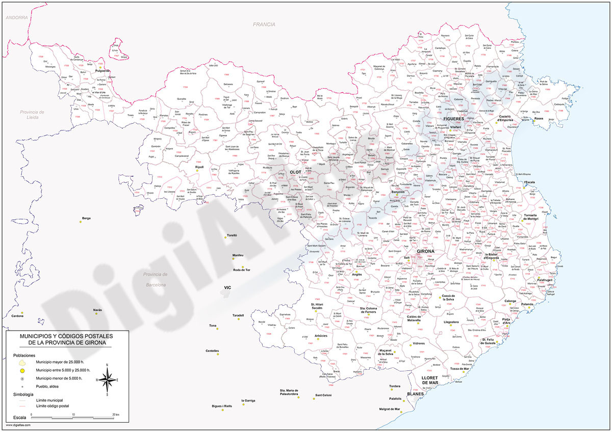 Girona - mapa provincial con municipios y Códigos Postales