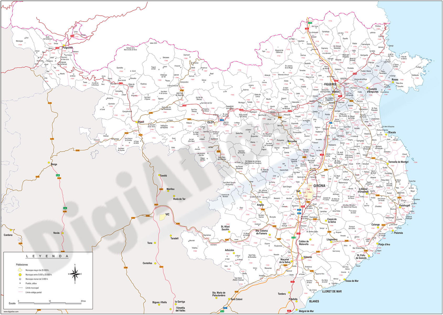 Girona - mapa provincial con municipios, códigos postales y carreteras