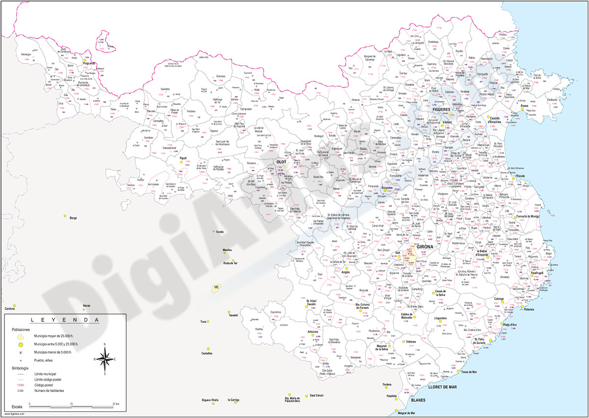 Girona - mapa provincial con municipios, códigos postales y habitantes