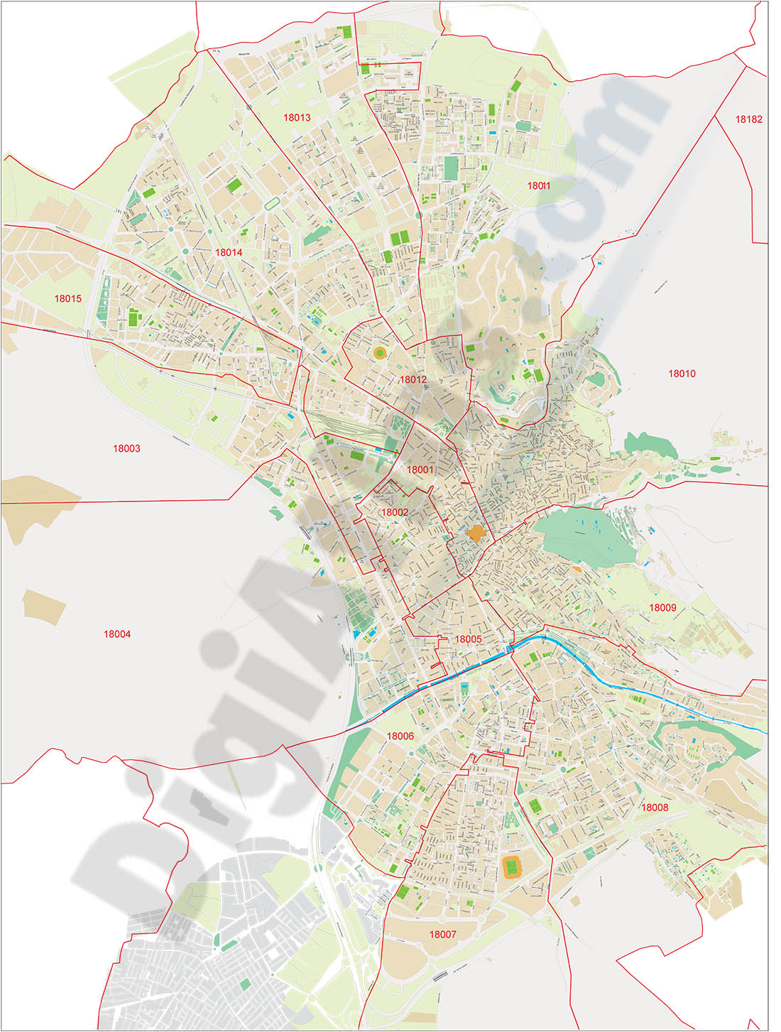 Granada - Plano de la ciudad con distritos postales