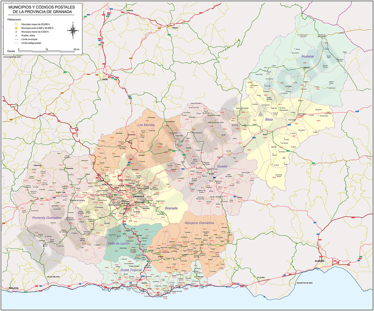 Granada  - mapa provincial con municipios y Códigos Postales