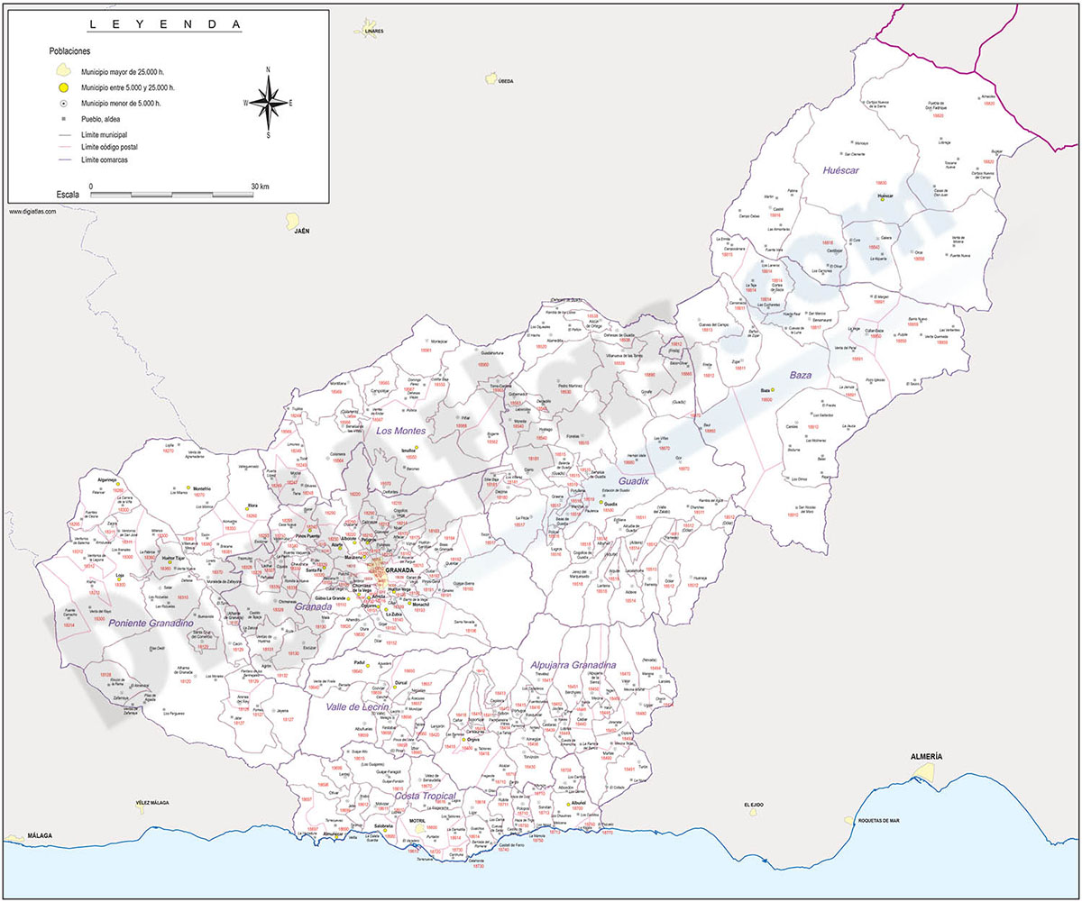 Granada  - mapa provincial con municipios, Códigos Postales y comarcas