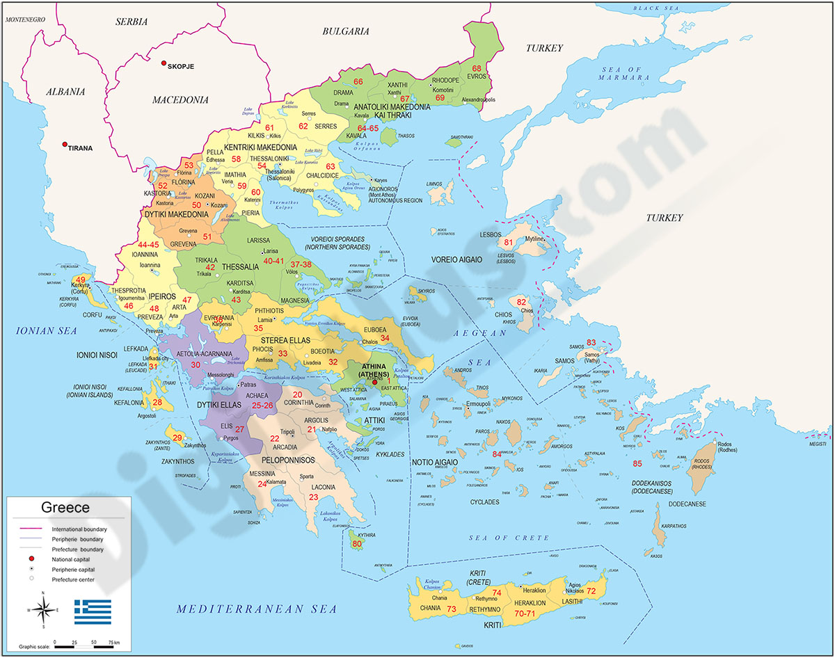 Mapa de Grecia con regiones y codigos postales