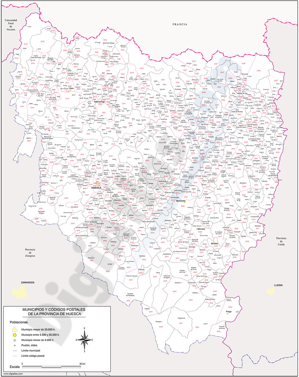 Huesca - mapa provincial con municipios y Códigos Postales
