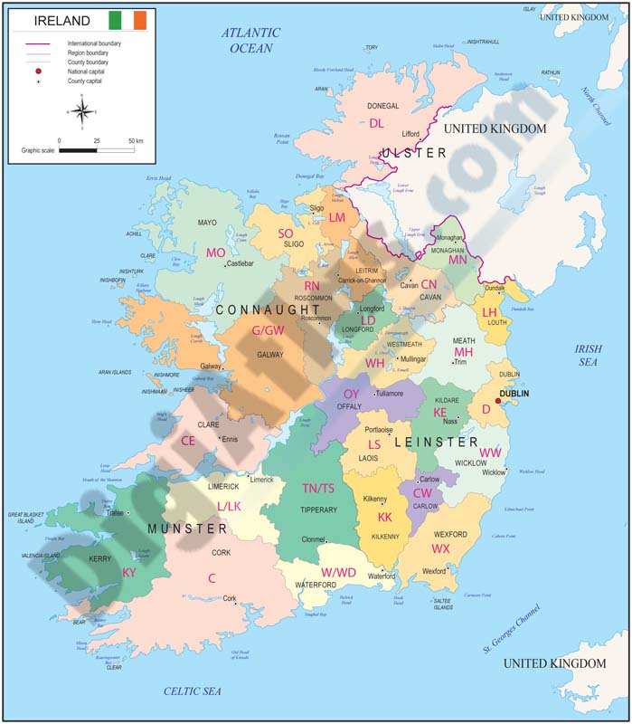 Irlanda - Mapa de regiones y codigos postales