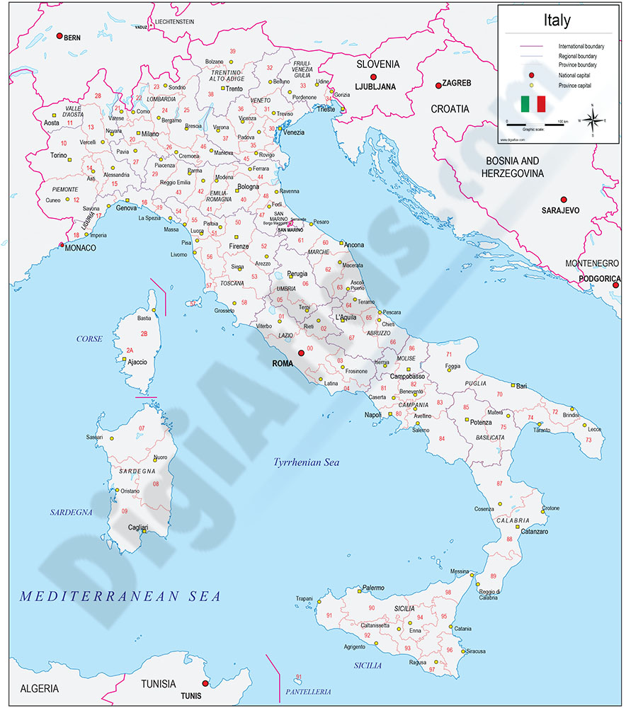 Mapa de Italia con regiones y codigos postales