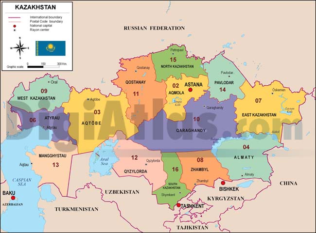 Map of Kazakhstan with regions and Postal Codes