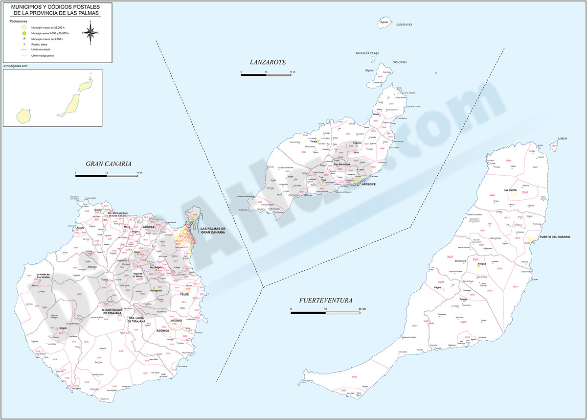 Las Palmas de Gran Canaria - Mapa provincial con municipios y Códigos Postales