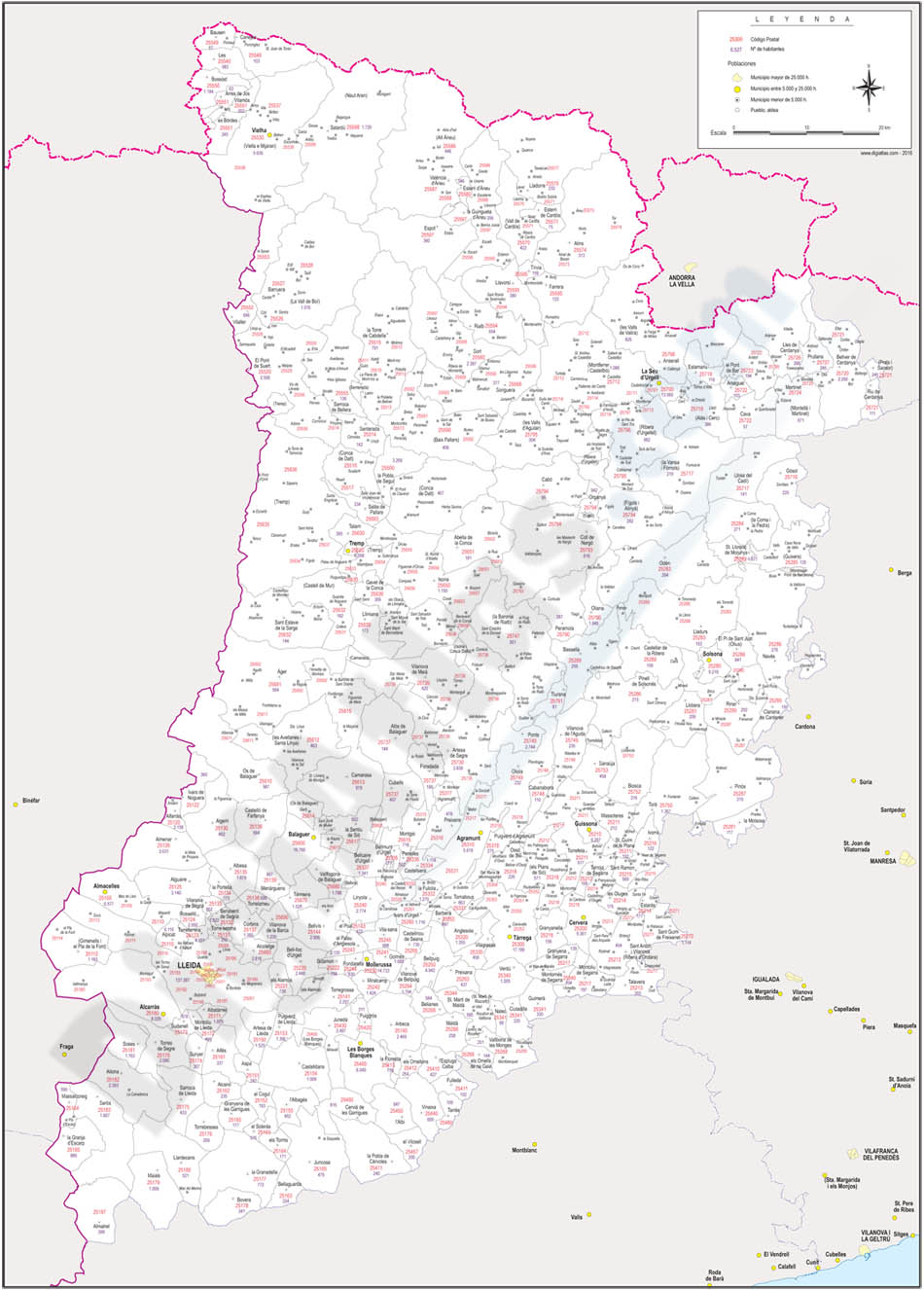 Lleida - mapa provincial con municipios, códigos postales y habitantes