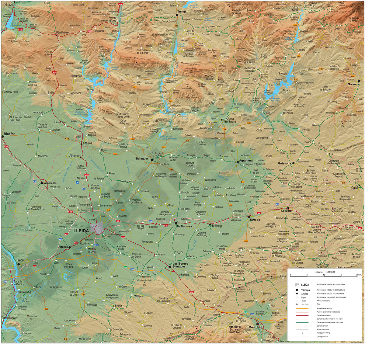 Mapa geográfico de Lleida y la Franja de Ponent