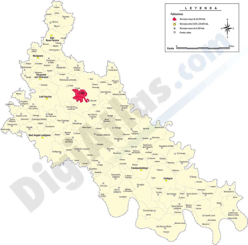 Provincia de Lodi con municipios y poblaciones