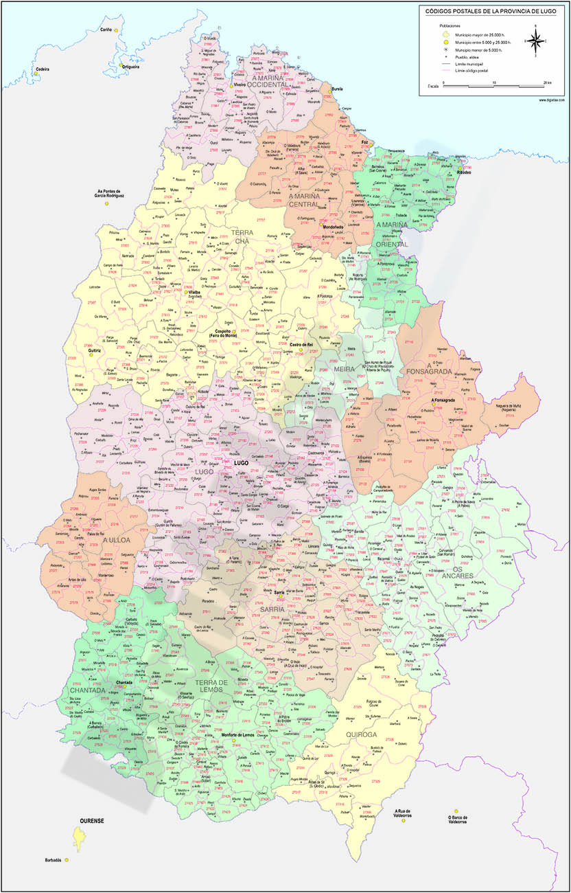 Map of Lugo province with municipalities and postal codes