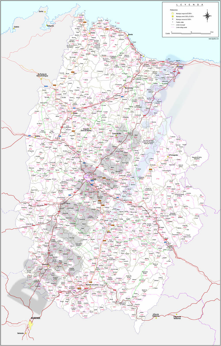 Lugo - mapa provincial con Códigos Postales y carreteras
