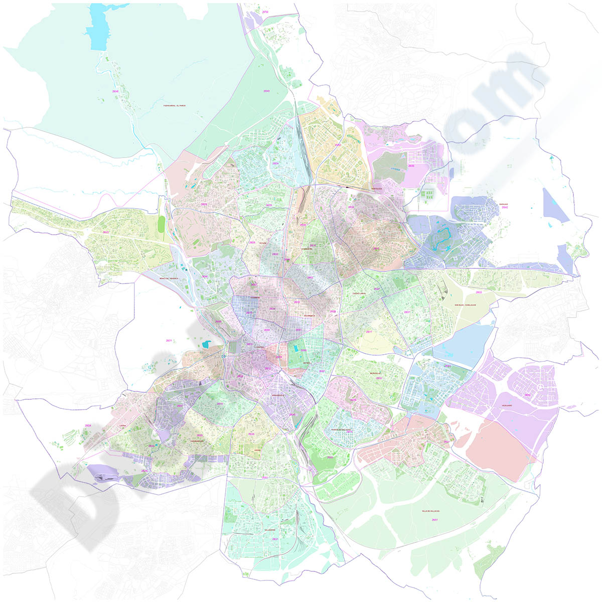 Madrid city map with postal code areas