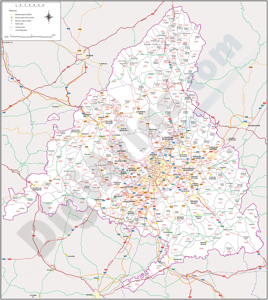 Madrid - mapa autonómico con Códigos Postales y carreteras