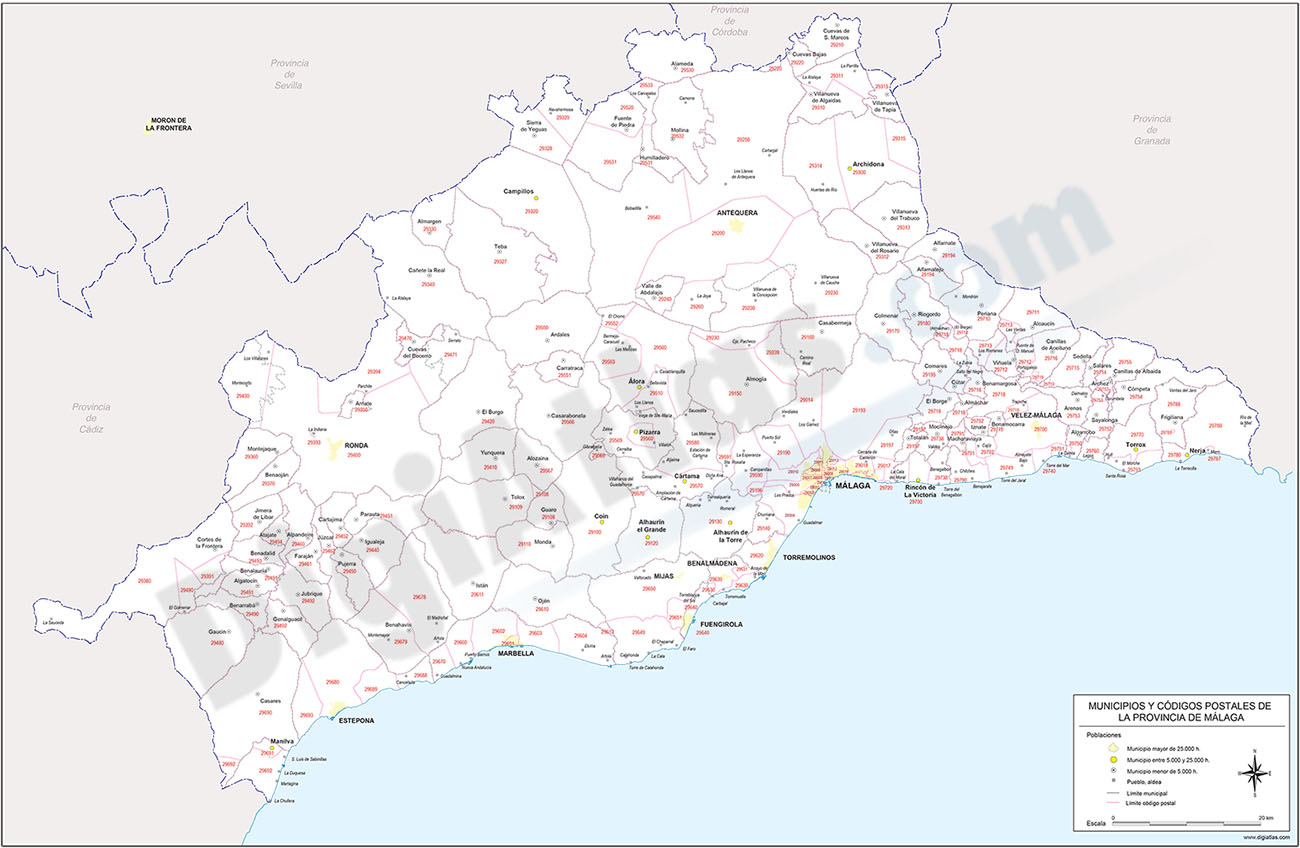 Málaga - mapa provincial con municipios y Códigos Postales