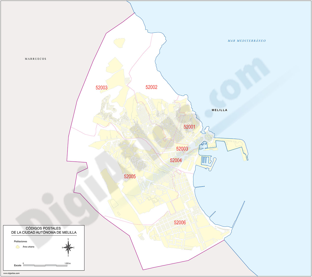 Melilla - mapa de la ciudad autónoma con los códigos postales
