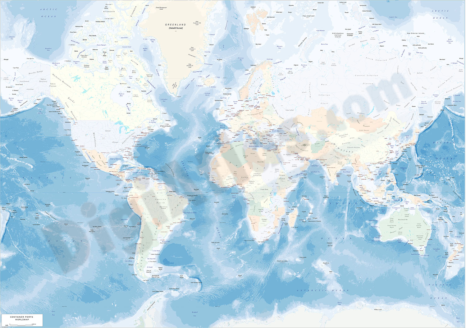 Physical-Political Worldmap with Container Ports
