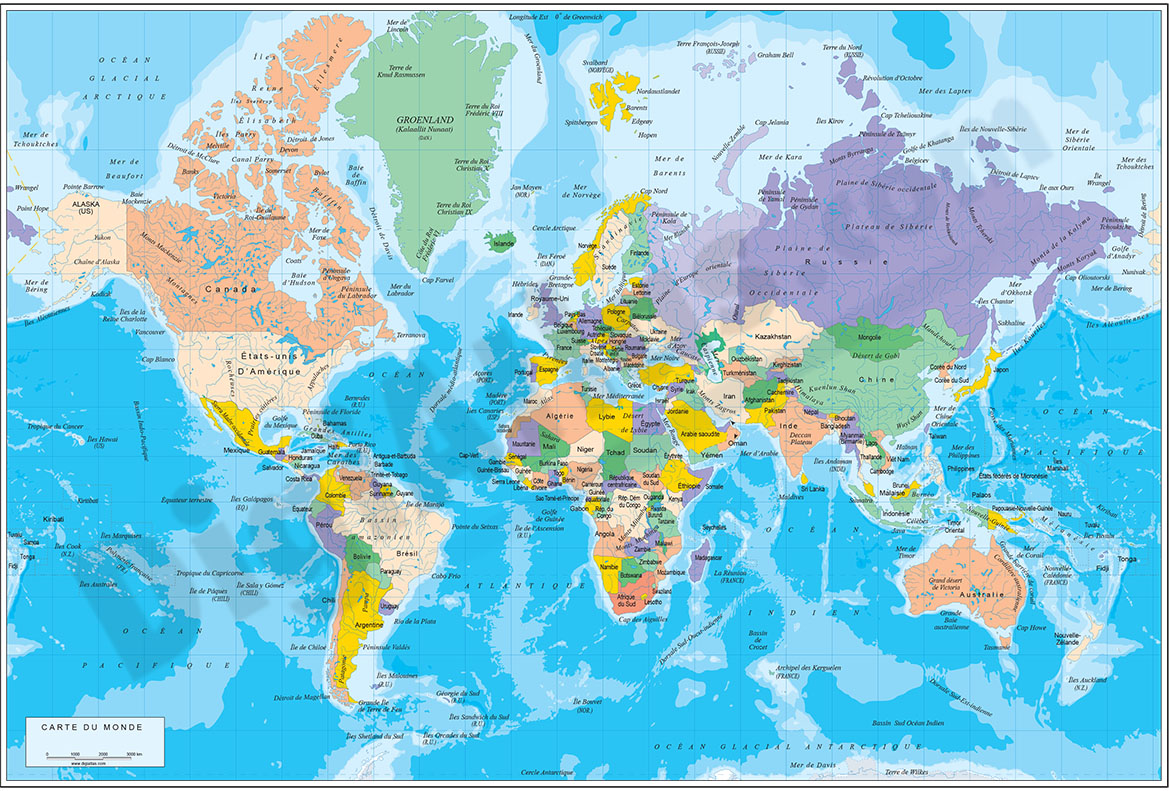 Carte mondiale physico-politique DIN A4