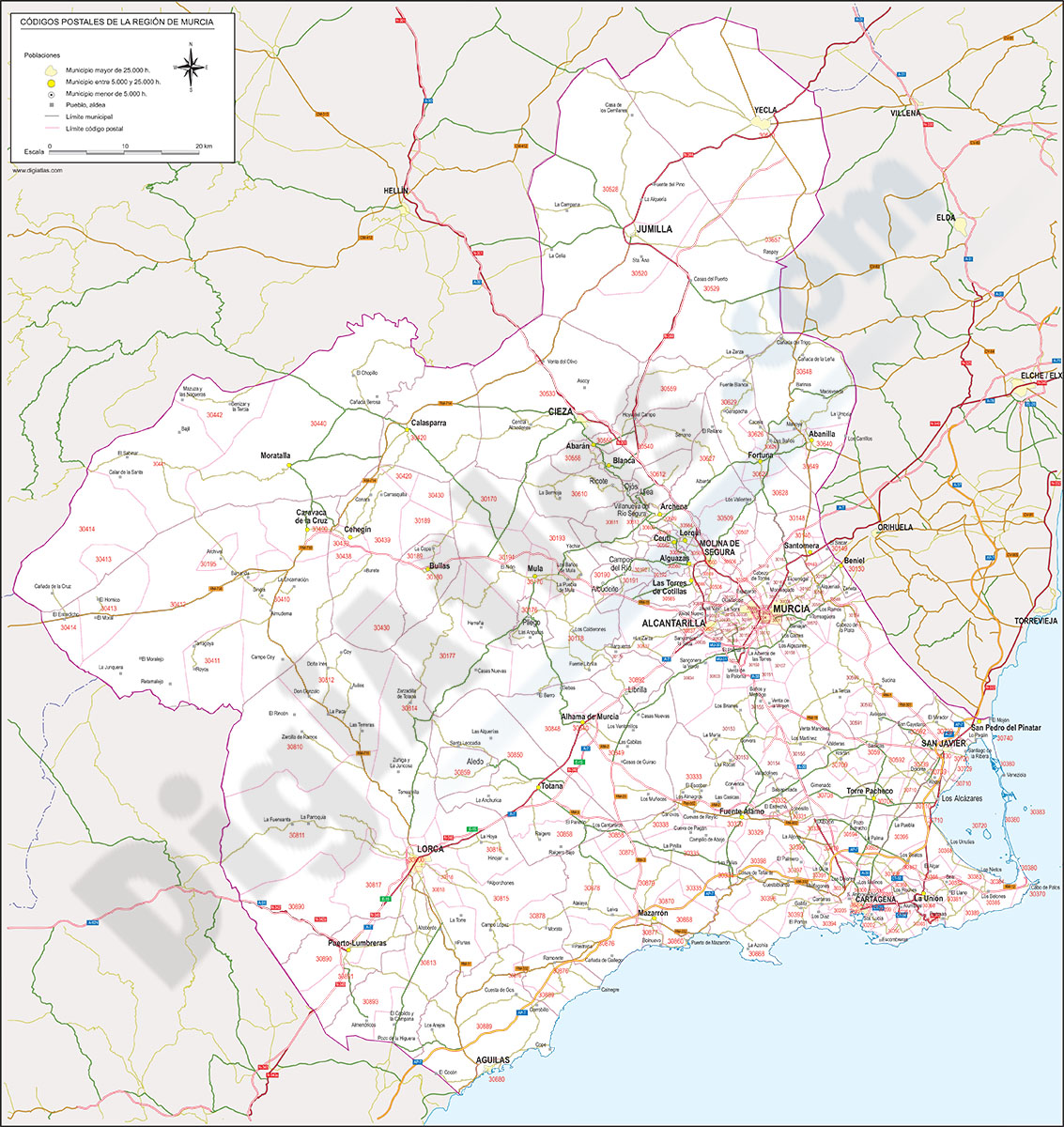 Murcia - mapa autonómico con municipios y Códigos Postales