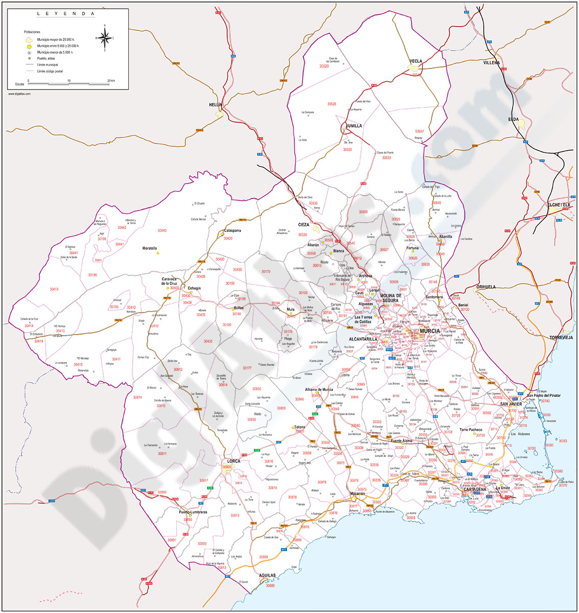 Región de Murcia - mapa autonómico con municipios, Códigos Postales y carreteras