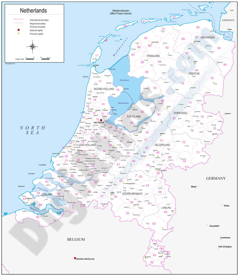 Mapa de los Países Bajos con regiones y codigos postales