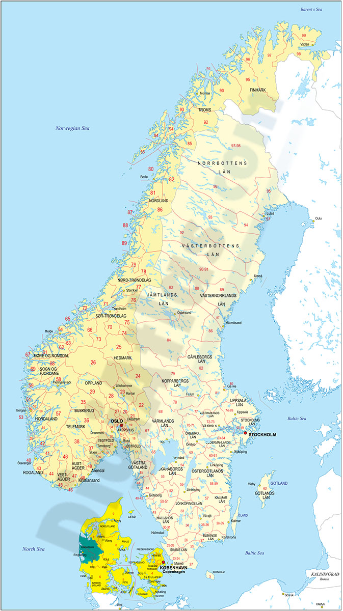 Mapa de Noruega y Suecia con regiones y codigos postales