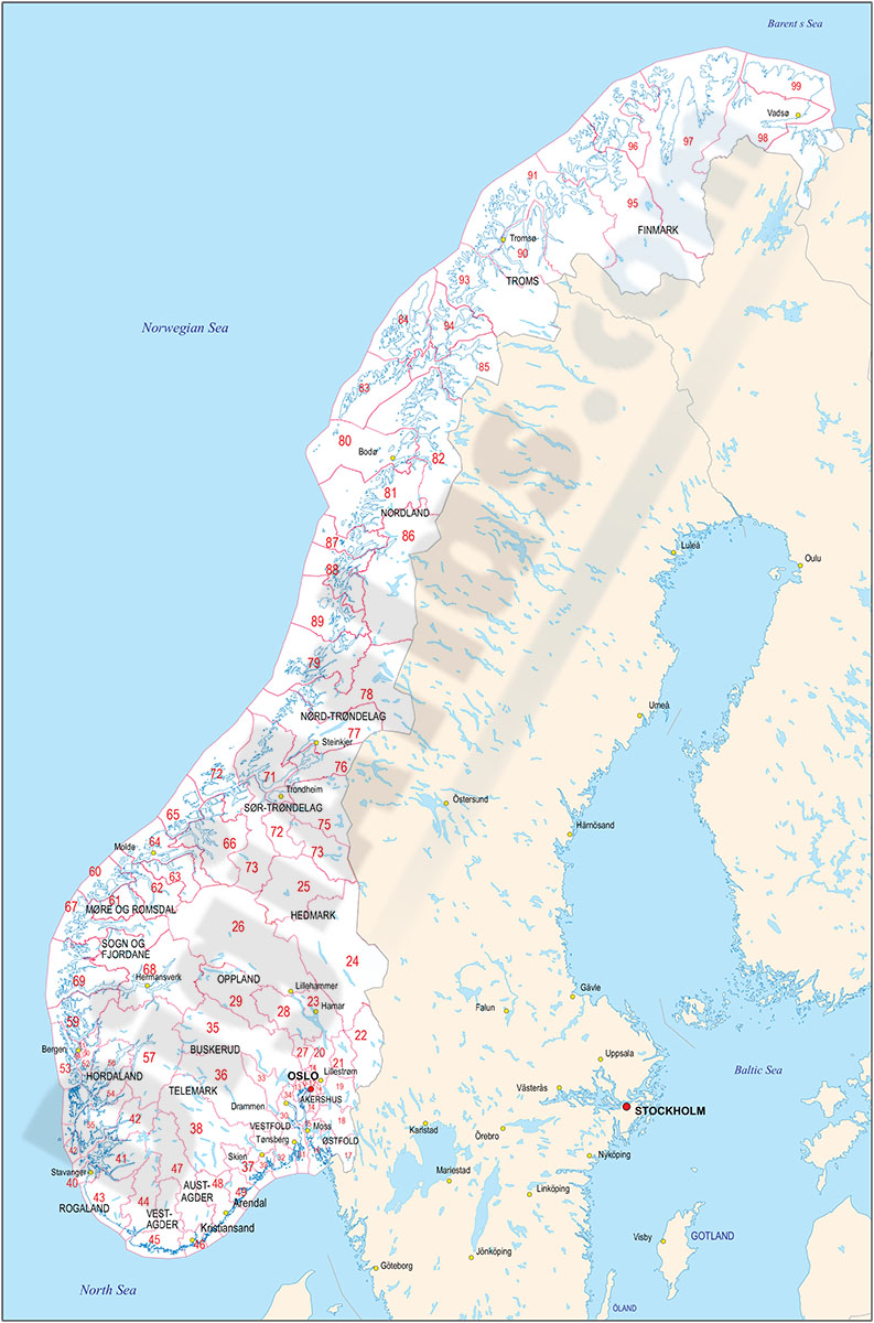 Mapas de Noruega, Suecia, Finlandia y Dinamarca con regiones y codigos postales