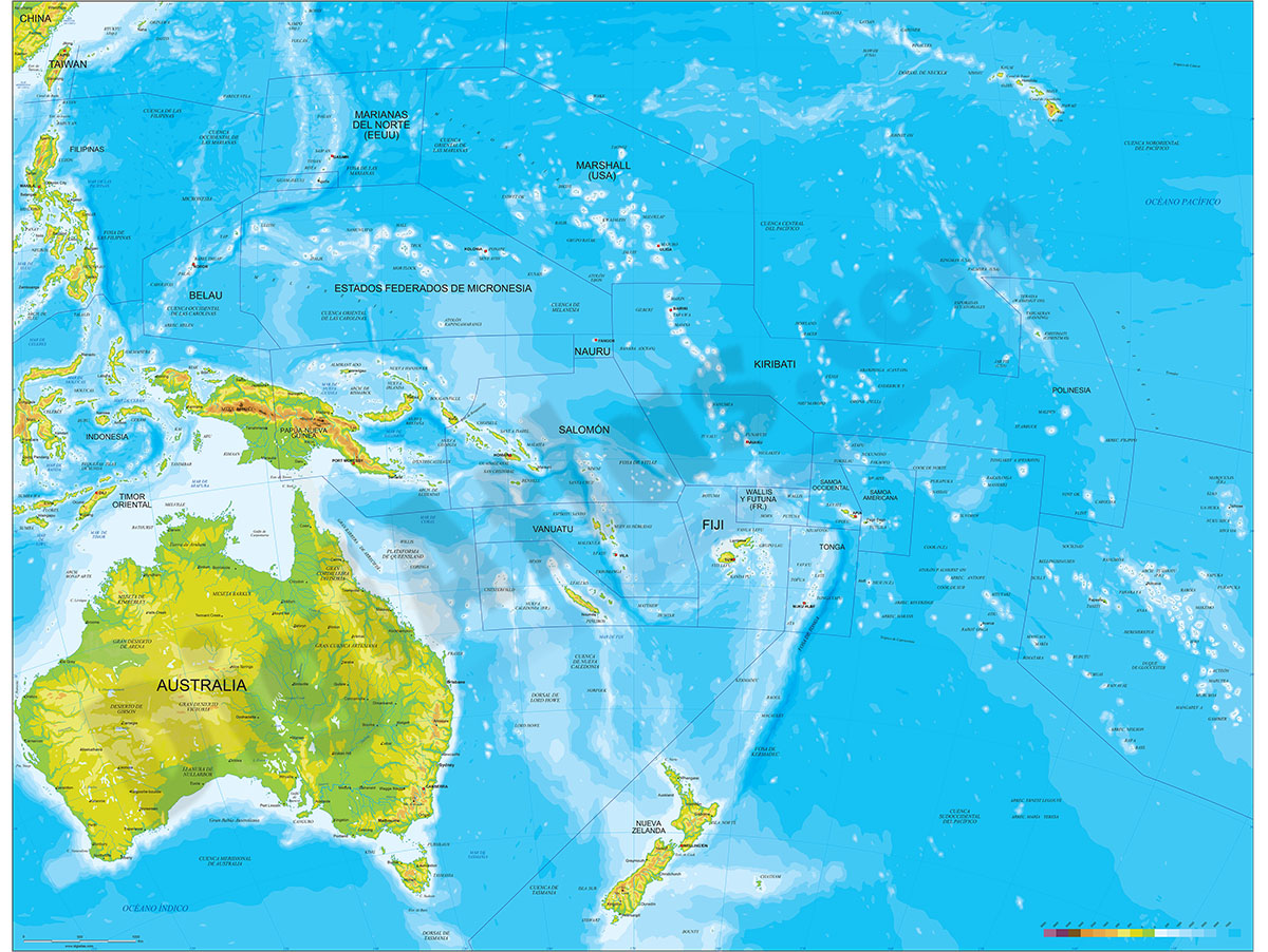Oceania physical relief map