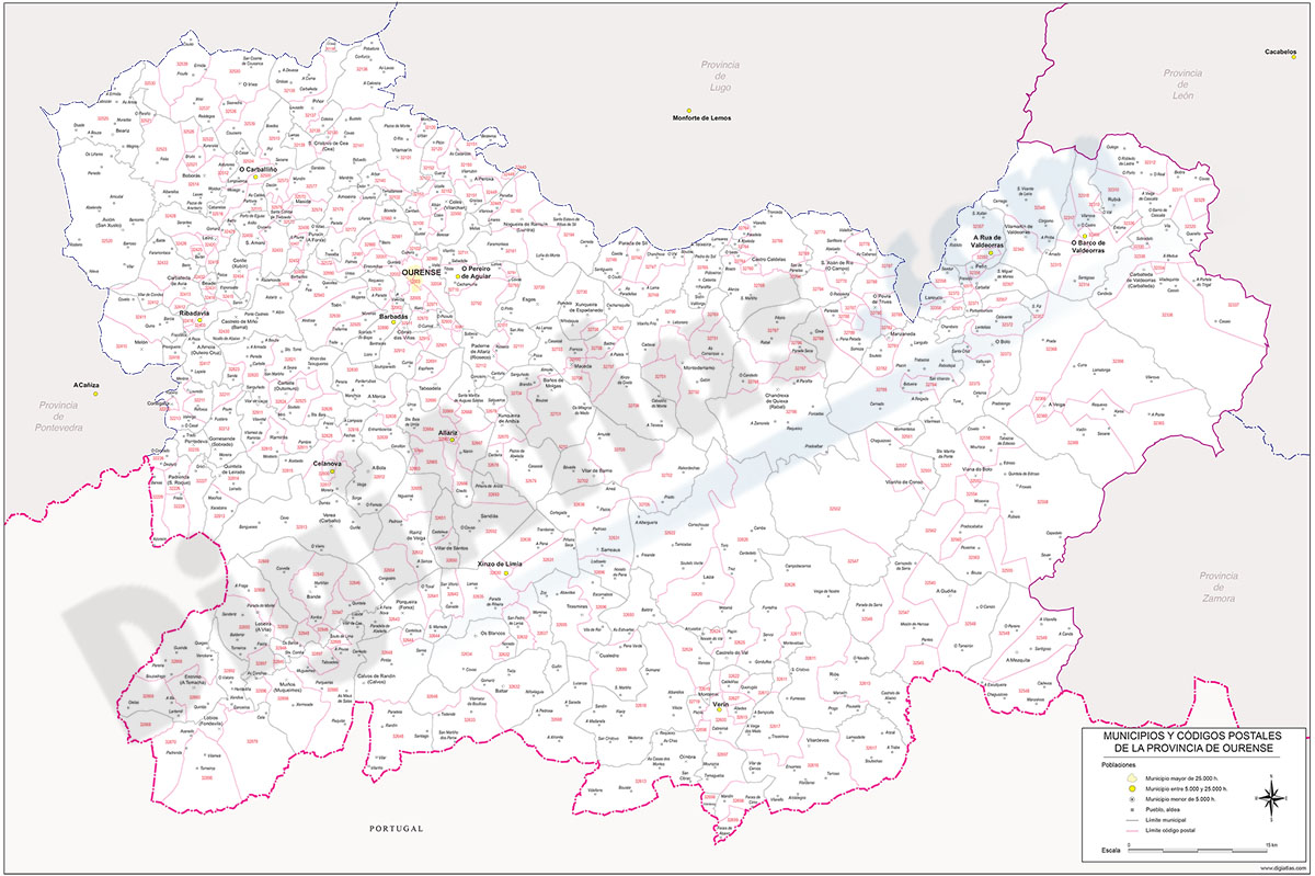 Ourense - mapa provincial con municipios y Códigos Postales