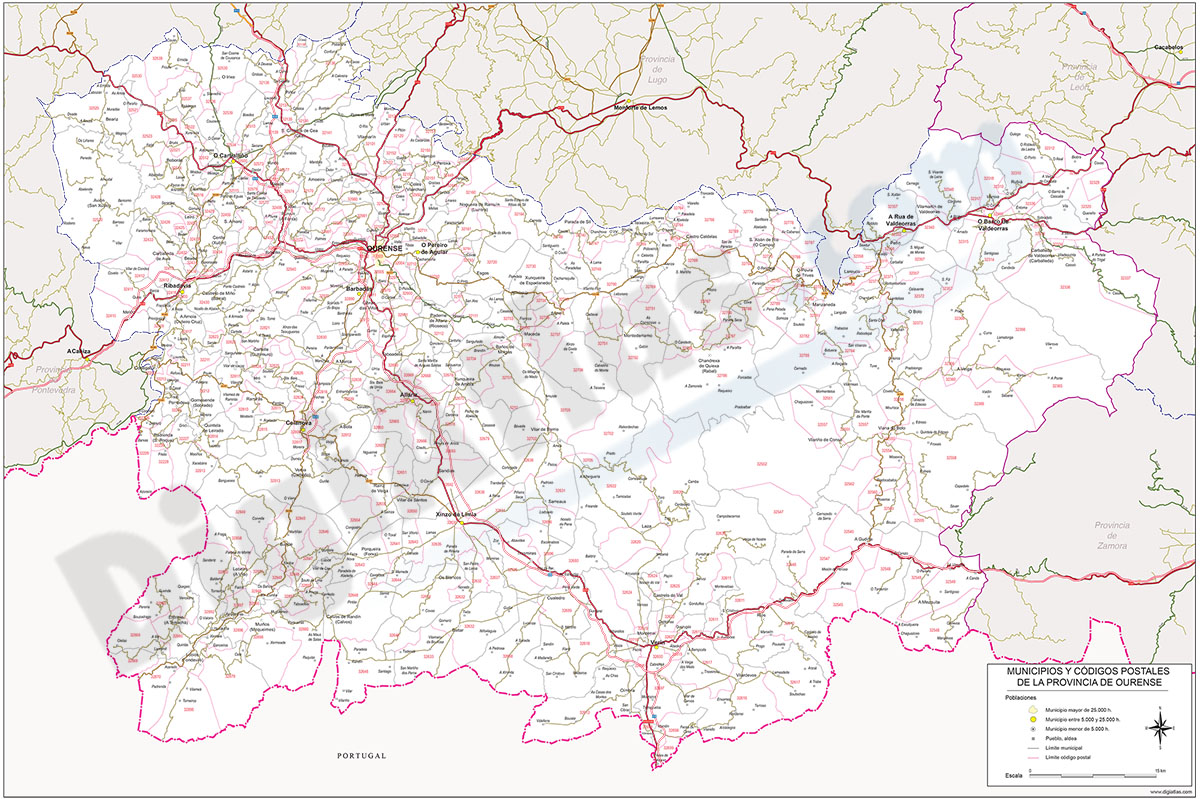 Ourense - mapa provincial con municipios, códigos Postales y carreteras
