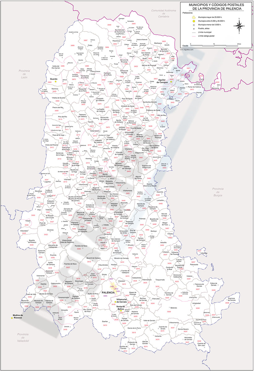Palencia - mapa provincial con municipios y Códigos Postales