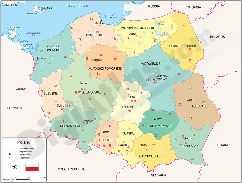 Mapa de Polonia con regiones y codigos postales
