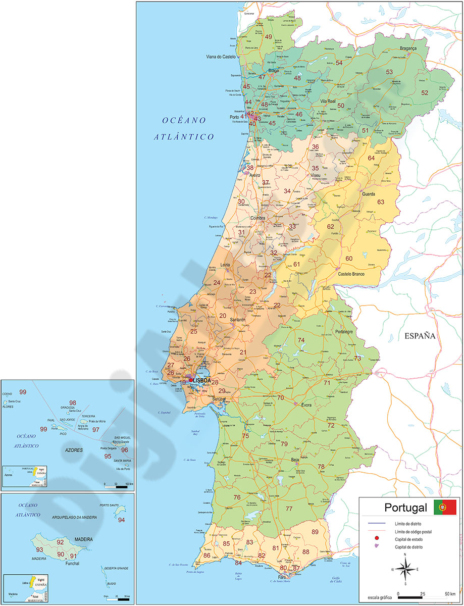Mapa de Portugal con regiones y codigos postales