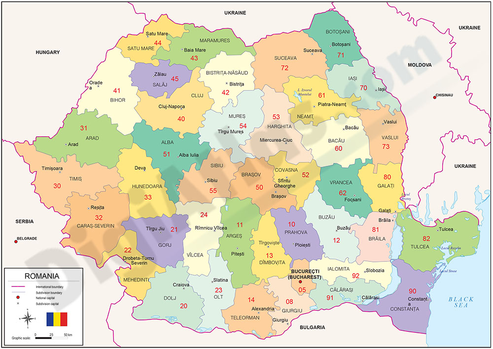 Mapa de Rumania con regiones y codigos postales