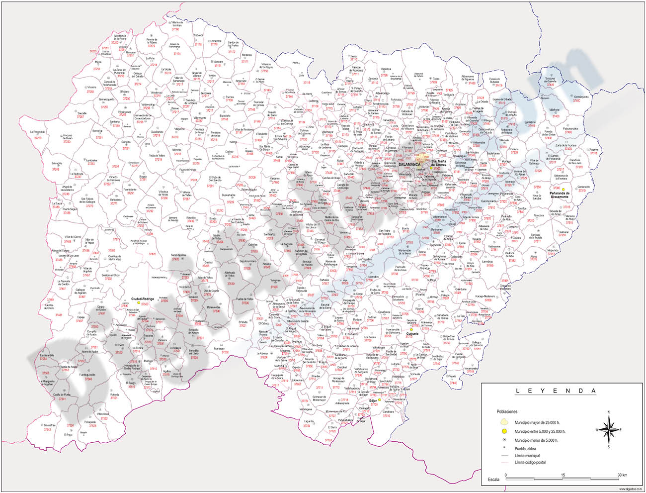 Salamanca- mapa provincial con municipios y Códigos Postales