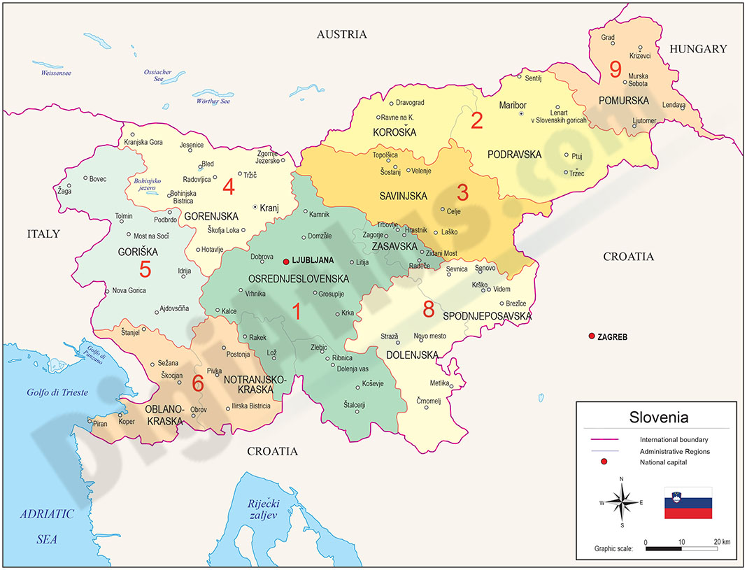 Mapa de Eslovenia con regiones y codigos postales